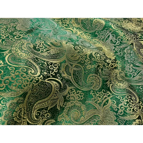Kelly Green Gold Paisley Metallic Brocade Fabric 60” Width Sold By The Yard
