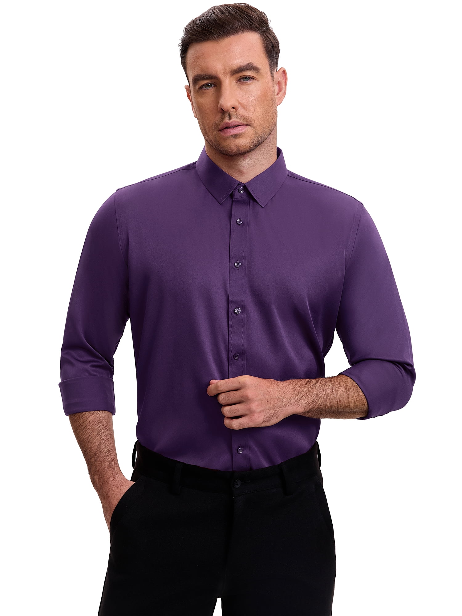 DARING DIVA Men's Point Collar Long Sleeve Button Down Formal Shirts XL Dark Purple