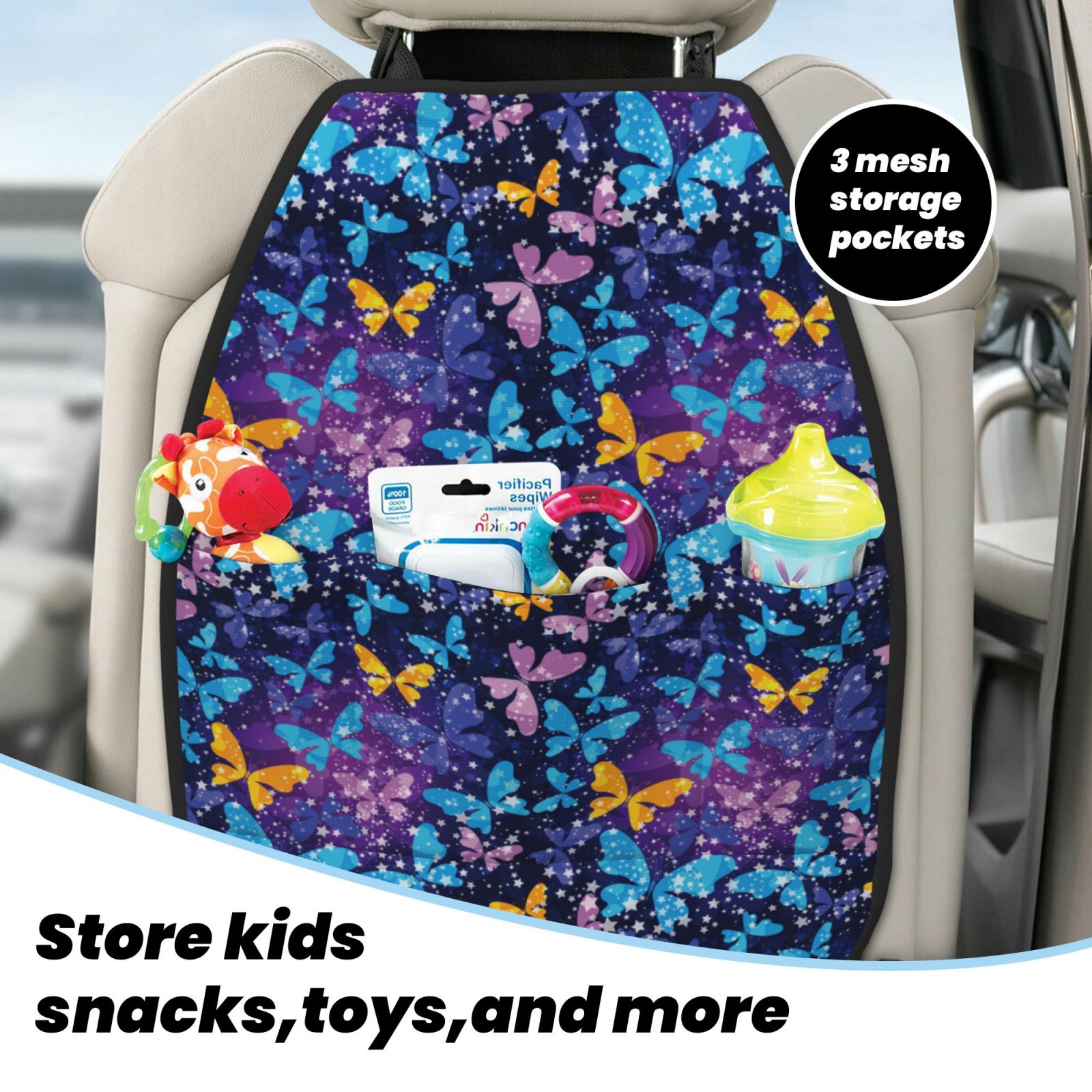 Kdxio Butterflies Of The Starry Sky Print 2 Pack Car Kick Mat Seat Cover Back Protector Mat with Pockets for Organizer Backseat Protector and Storage Anti Kick Pad for Vehicles