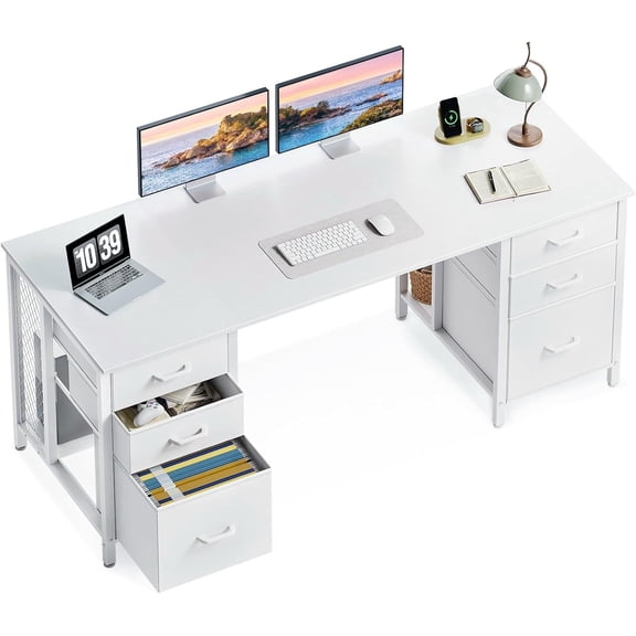 ODK 63 inch Office Desk with 6 Fabric Drawers & File Cabinets, Work from Home Computer Desk with Hidden Storage Stand & USB Ports, White