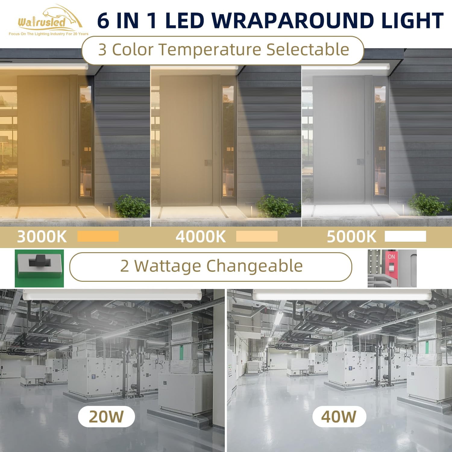 4FT LED Linear Strip Stairwell Light, 20W/40W CCT Selectable, 2500lm/5000lm 3000K/4000K/5000K, 100-277V, IP20, CRI 85, 0-10V Dimmable 4 Foot Commercial Linkable LED Shop Ceiling Light Fixture,ETL DLC