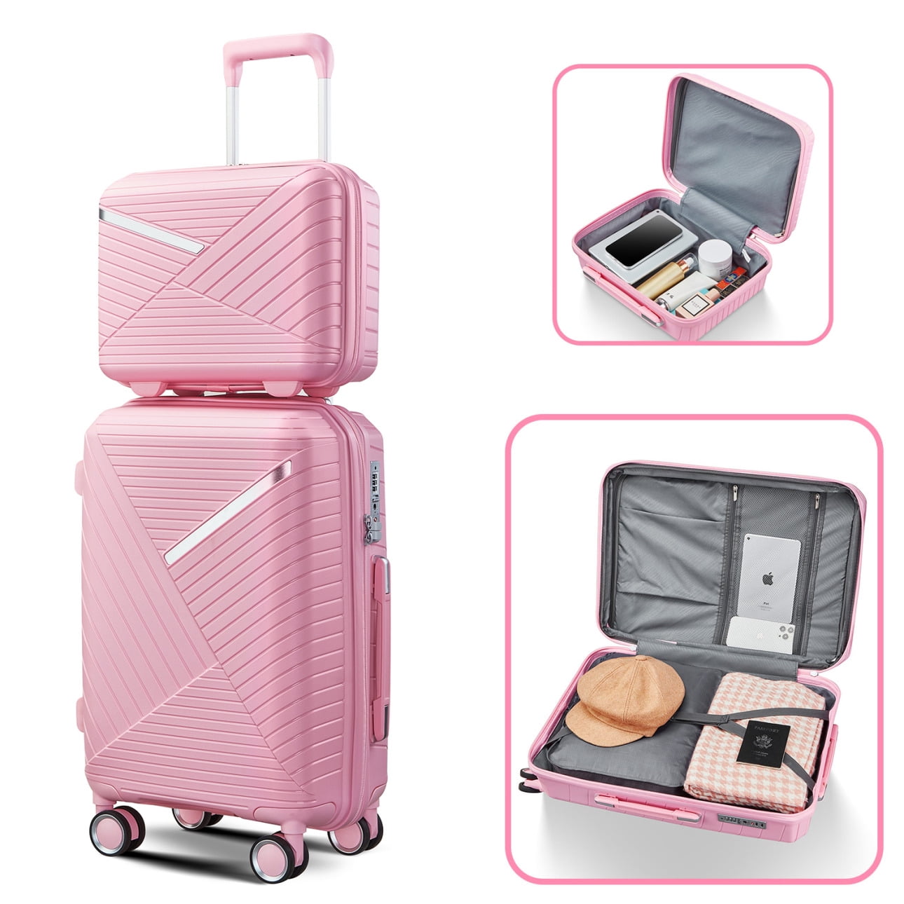 Set of 4 Expandable Luggage Suitcase, Lightweight Hardshell Suitcase Sets with TSA Lock and 360° Double Spinner Wheels, 14"20"/24"/28" Carry-on Travel Suitcase for Women Men Weekender, Pink