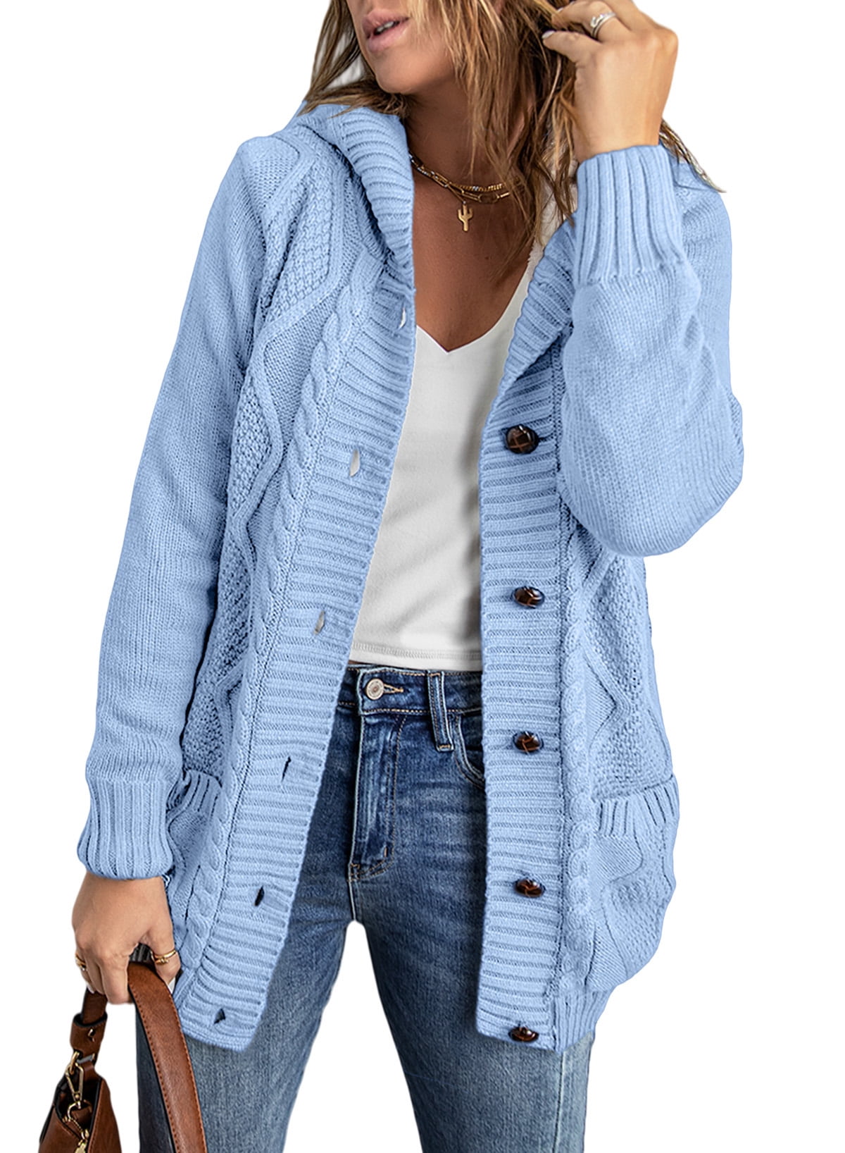 Eytino Hooded Cardigans Sweaters for Women Button Down Cable Knit ...
