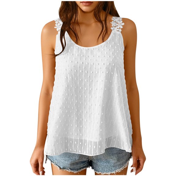 Qiopertar Women's Sleeveless Boho Chiffon Tank Top Casual Round Neck Lace Ruffle Floral Strap Summer Beach Vacation Comfy Blouse, White L