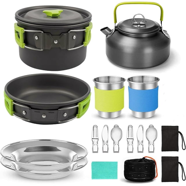Camping Batería De Cocina Al Aire Libre Set Olla Tetera Set - Juego De Vajilla Ollas De Aluminio, para Camping Al Aire Libre, Senderismo Y Picnic(Verde)