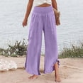 thumbnail image 5 of Women's Wide Leg Linen Pants - Elastic Waist, Pleated Hem, with Pockets for Summer, 5 of 5
