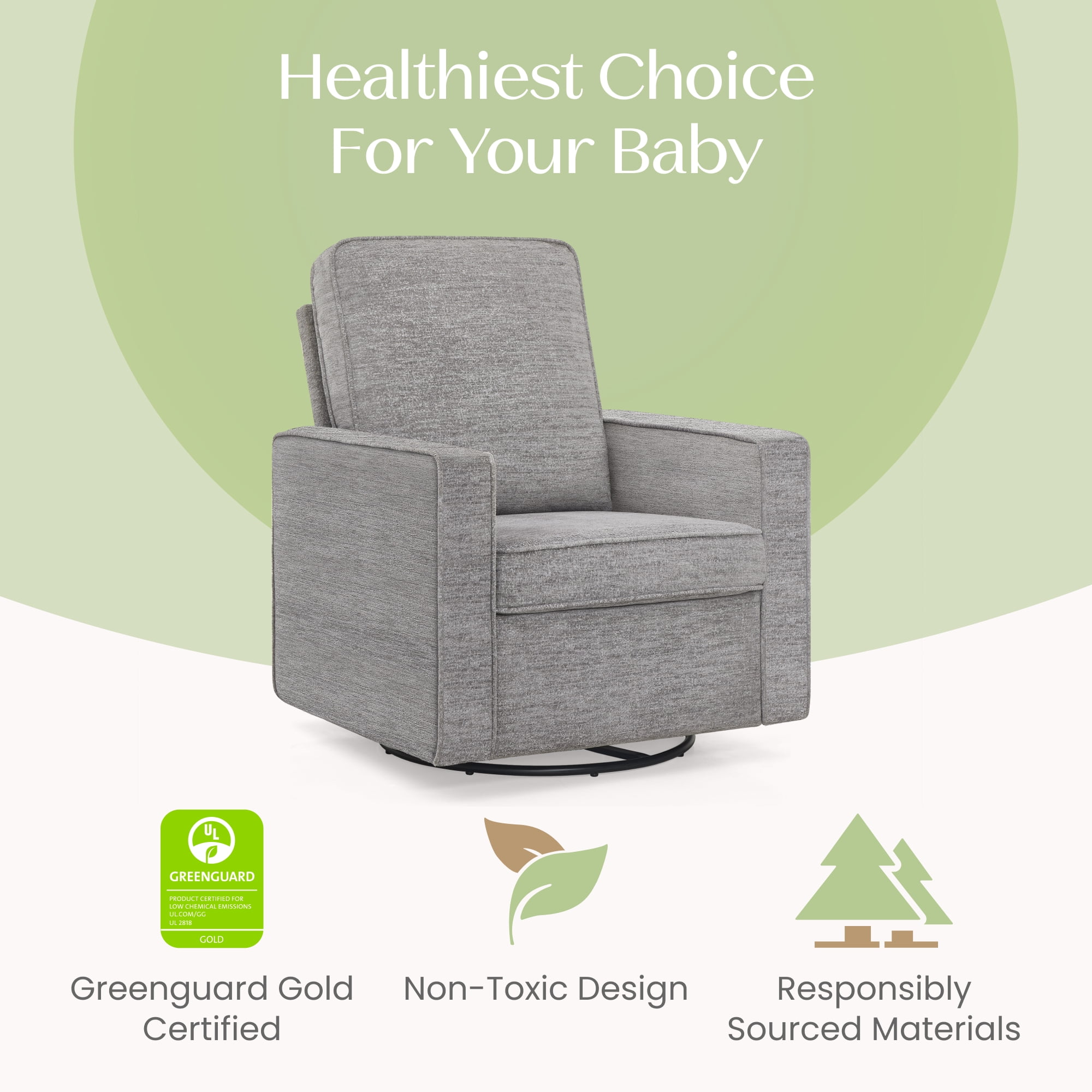 Delta Children Noah Upholstered Swivel Glider with Stain-Resistant Performance Fabric- Greenguard Gold Certified, Frost Grey