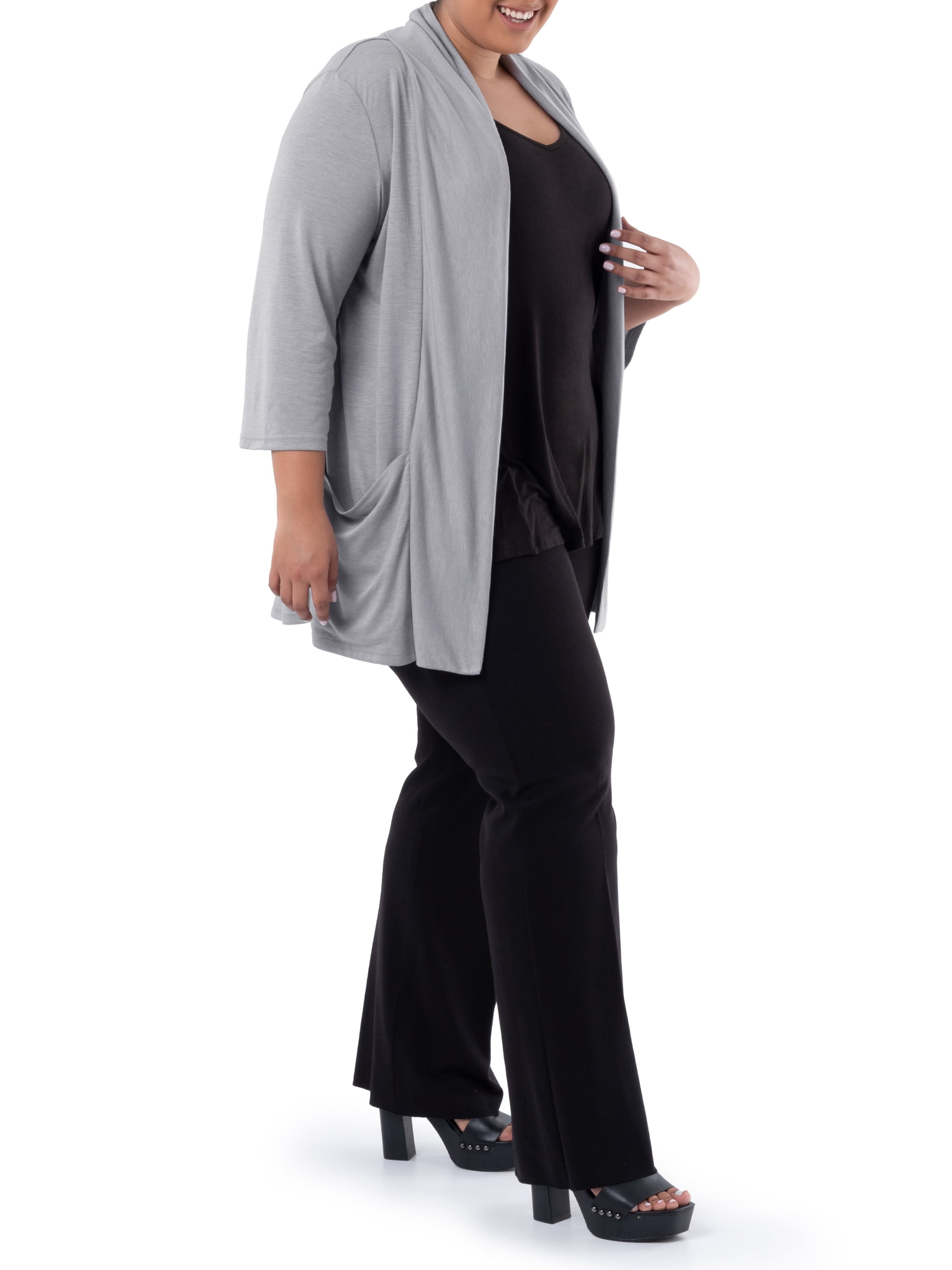 Wright's Women's Plus Size 3/4" Sleeve Draped Open Front Jersey Pocket Cardigan, 1X-5X