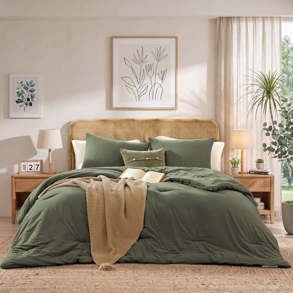 Catami Prewashed fabric 3-piece Bed in a Bag Comforter Set with Sheets,Olive Green,Queen