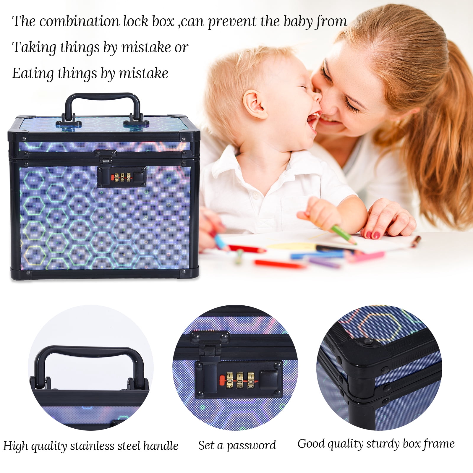 Security Lock Box with Combination Lock, Lockable Storage for Medicine, Jewelry, Cash & Cosmetics-Colorful Blue