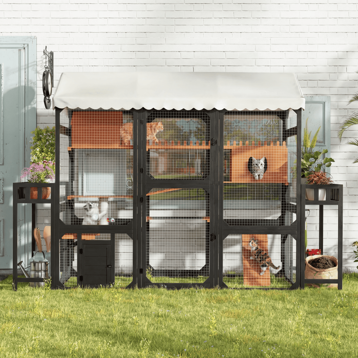 LuckyNote Large Outdoor Cat Enclosure, Wooden Catio with 2 Plant Stands, Multi-Level Cat Playpen with Weather-Resistant Roof & Wire Mesh for Backyard Patio