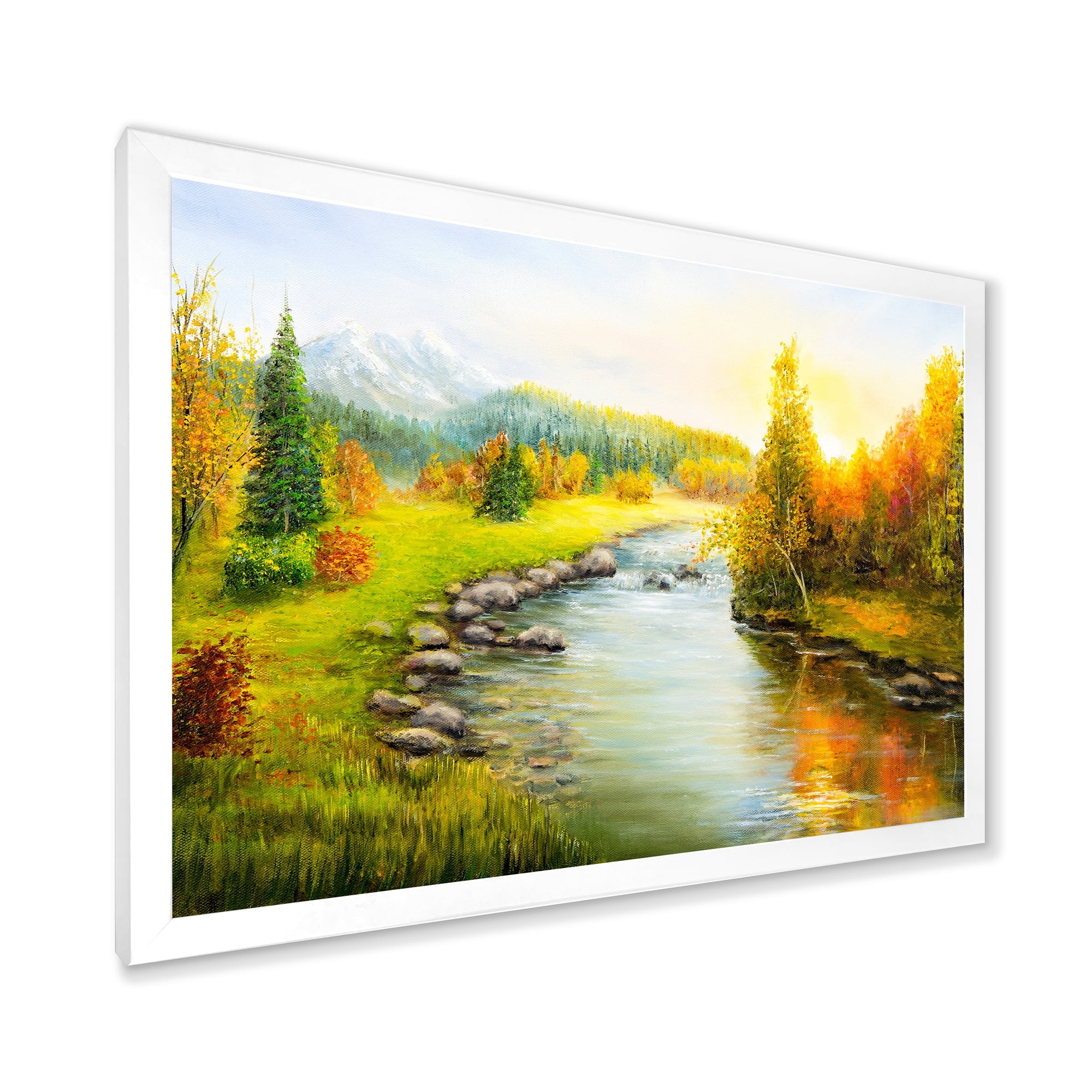 Designart 'Autumn Landscape With Forest River and Mountains' Lake House Framed Art Print