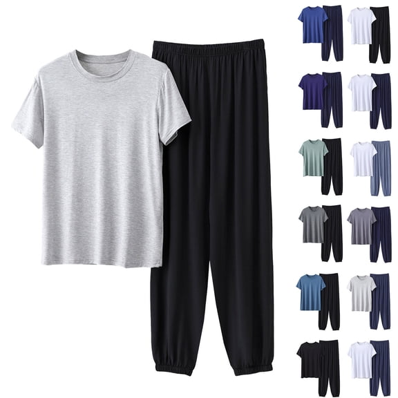 Hvogkswy Mens Casual Lounge Pajamas Set Solid Short Sleeve Crewneck Sleepwear Long Pajama Pants Soft Comfy Pjs Sets for Big&Tall Men