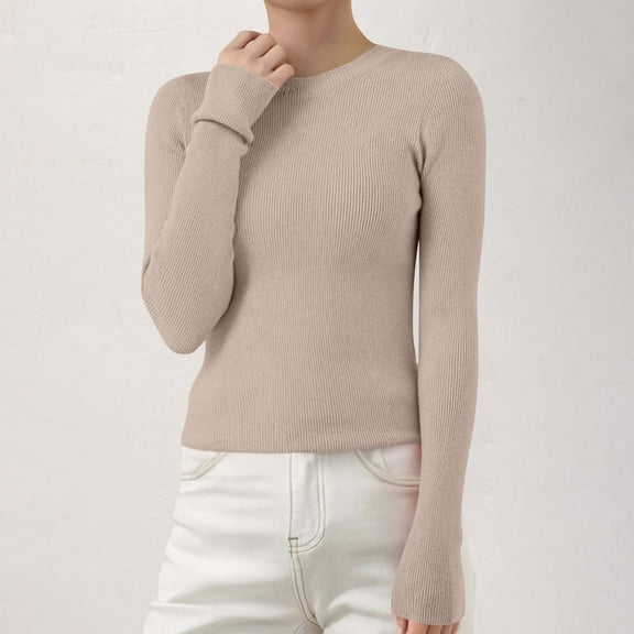Women's Ribbed Knit Pullover Sweater, Slim Fit Soft Round Neck Top for Fall Winter, Comfortable Stretchy Casual Daily Wear, Versatile Layering Piece for Various Occasions Khaki L