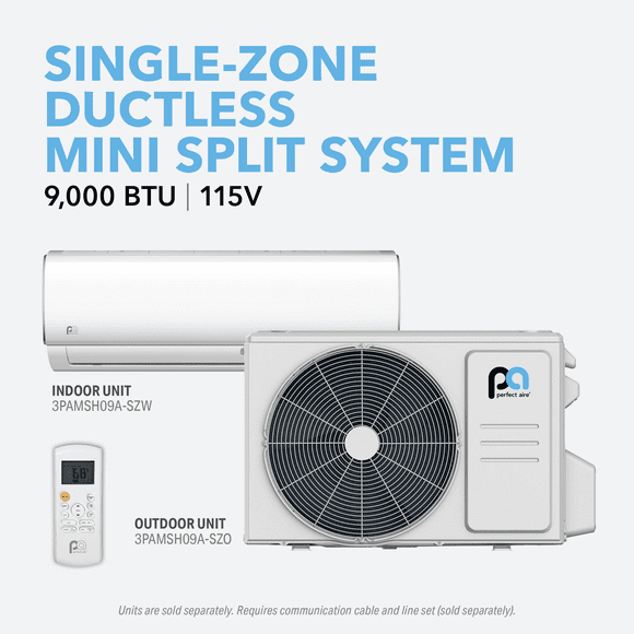 Perfect Aire 0.75 Ton 9,000 BTU 15.2 SEER Single Zone Forest Series Mini-Split AC/Heat Pump Kit- Outdoor Unit (3PAMSH09A-SZO) & Indoor/Wall Air Handler Unit (3PAMSH09A-SZW), 115V, DC Inverter