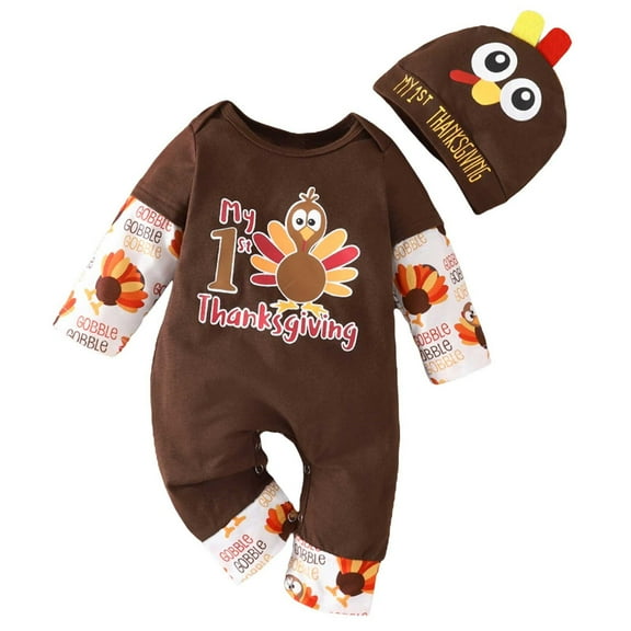 Mercatoo Thanksgiving Toddler Girls Boys Long Sleeve Turkey Print Crawler Hat Set For 0 To 12 Months Baby Boy Halloween Clothes