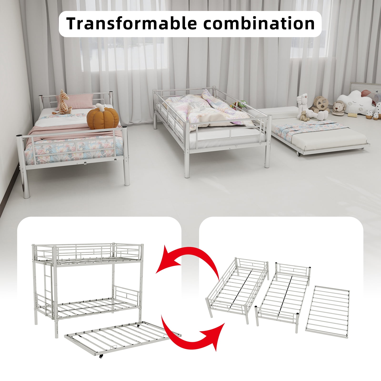 Alvantor Twin Bunk Bed with Trundle for Kids & Teens, Heavy Duty Metal Bed Frame, Triple Bunk Bed Silver