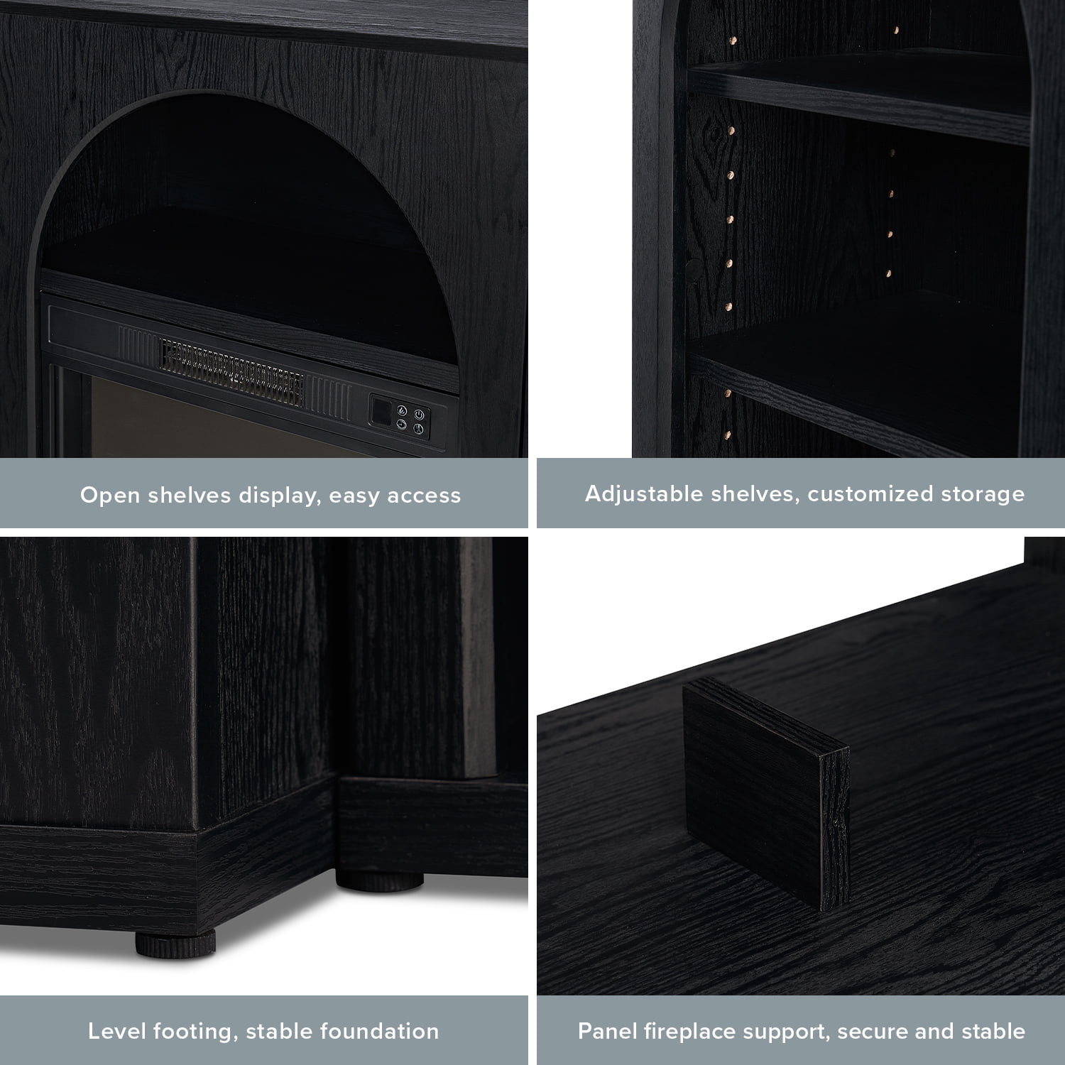 Mopio Blake 59" Arched TV Stand, Fireplace Mantel, Modular Side Storage Shelves, Entertainment Center for Living Room, Credenza, Media Console (Black, With Insert)