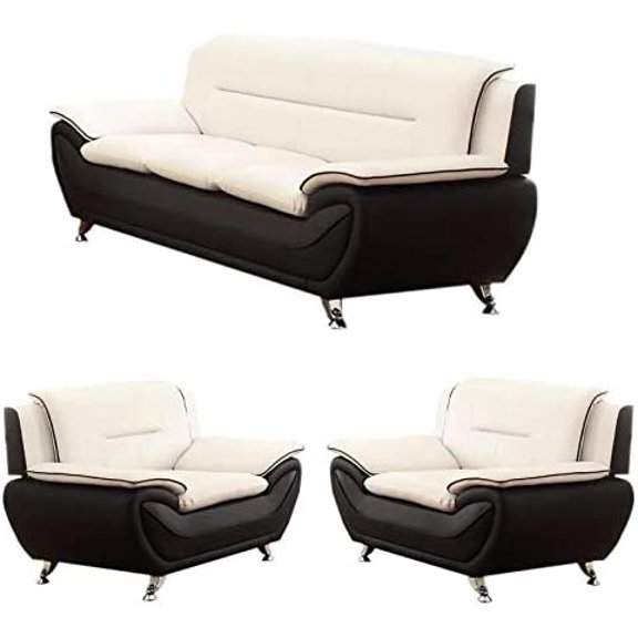 Home Square 3 Piece Contemporary Faux Leather Living Room Set Black/Beige