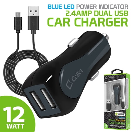 Cellet Rapid Charge 12 Watt / 2.4 Amp Dual USB Car Charger with Micro USB Cable - Black