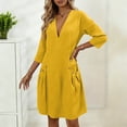 thumbnail image 2 of Gamivast Womens Casual Dress Linen V-Neck 3/4 Sleeve Button Tunic Dress Pockets Solid Shift Dress Loose Fit Mini Work Office Daily Wear Business Soft, 2 of 8