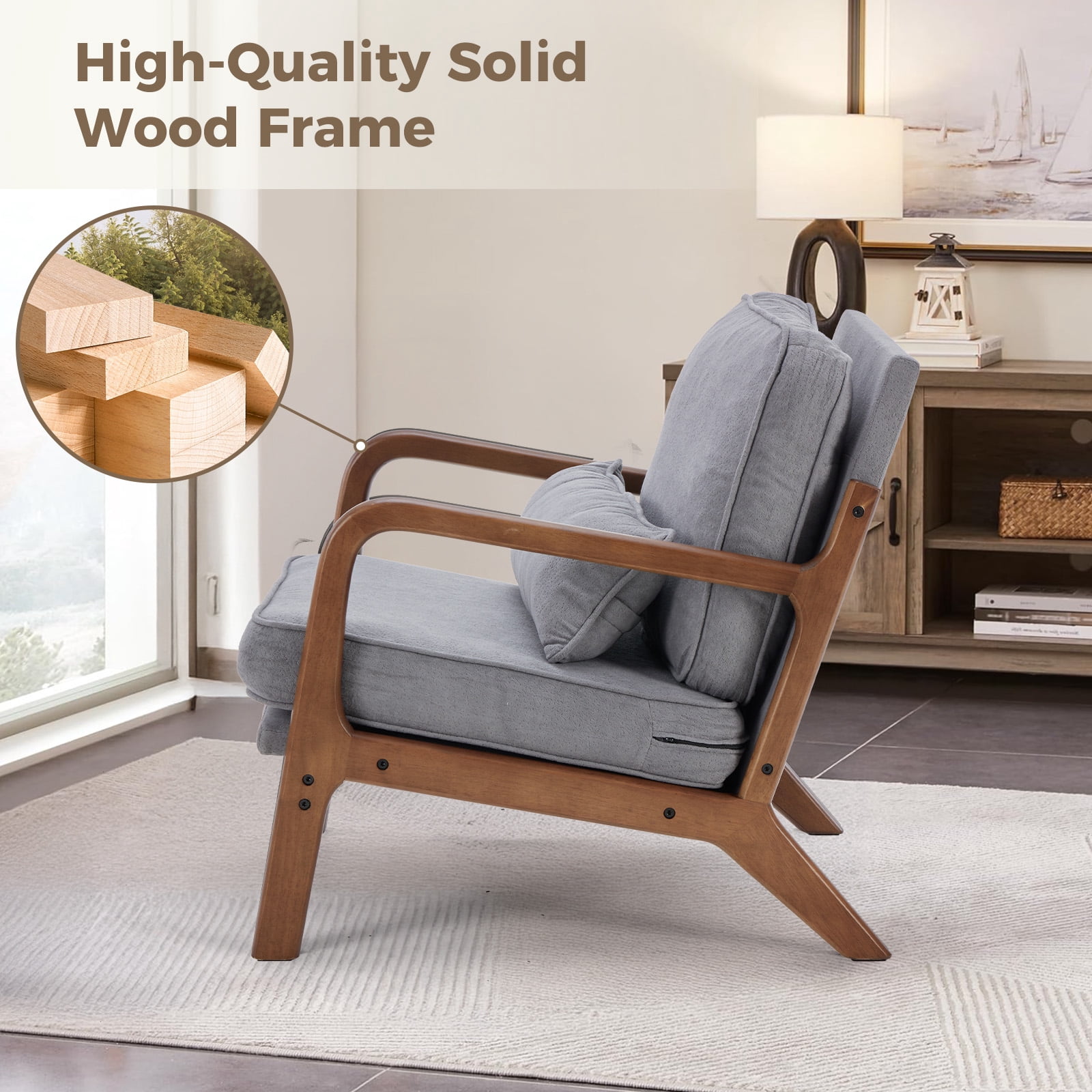 Mid-Century Modern Accent Chair with Arms and Waist Cushion, Solid Wooden Frame