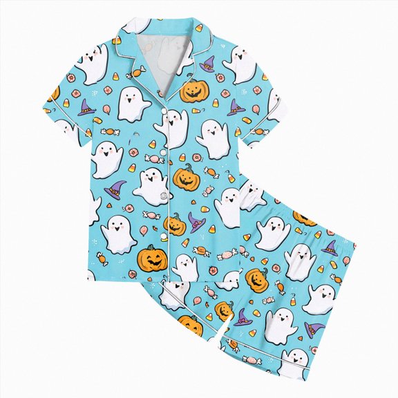 zuwimk Halloween Kids Boys Girls Silk Satin Pajama Set Cute Soft Pajamas Toddler Short Sleeve Sleep Suit Baby Clothes(Light Blue,12-13 Years)