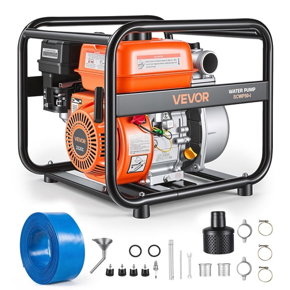 VEVOR Gas Powered Water Pump, 2 in, 132 GPM 6.5HP Semi Trash Water Transfer Pump Portable, Gasoline Engine with 25 ft Discharge Hose, Heavy Duty Frame, Cast Iron Impeller,for Irrigation, Ponds, Pools