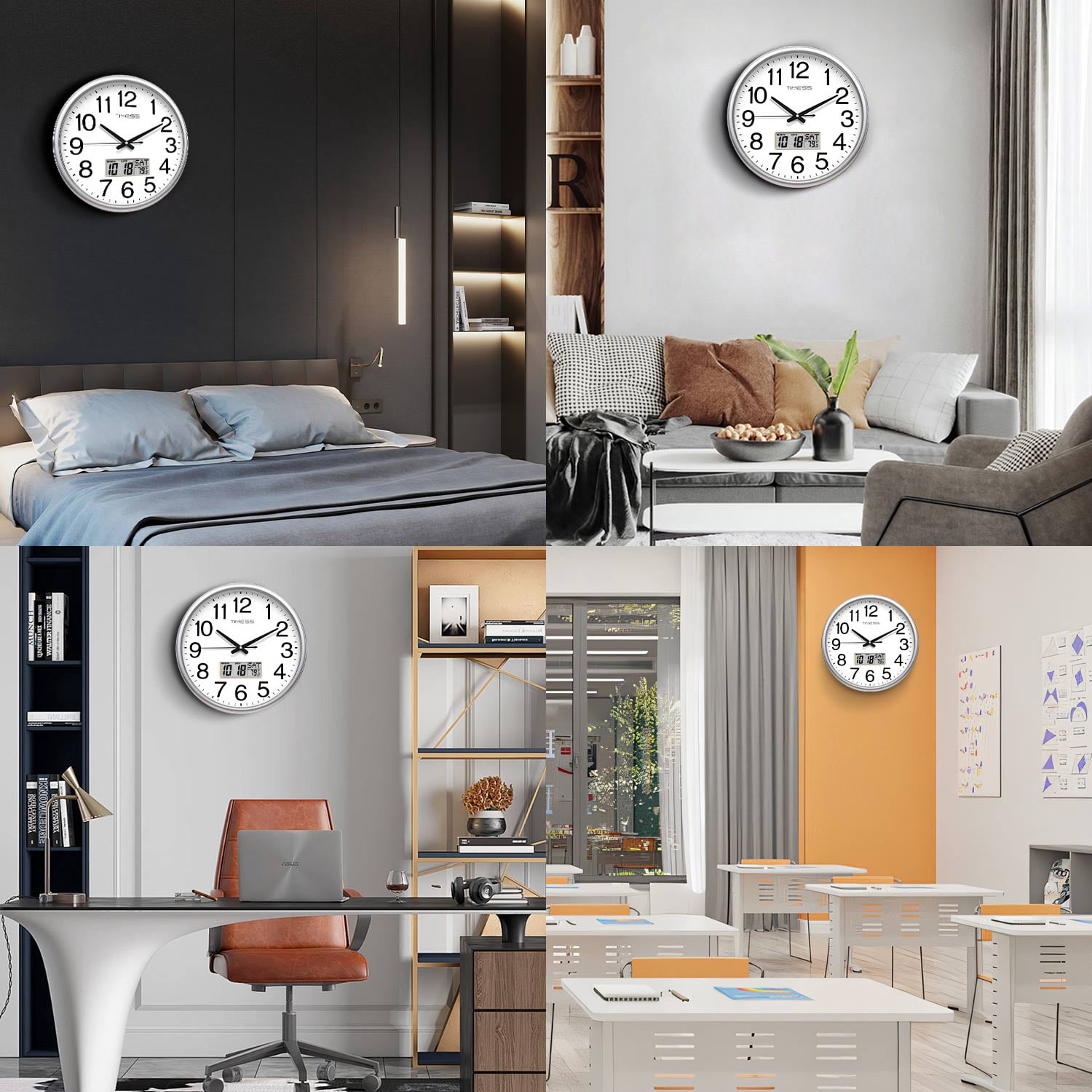 TIMESS 13" Digital Wall Clock with Silver Frame, Date, Weekday & Temperature Display, Quiet Movement