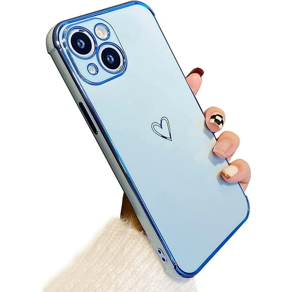 Designed for iPhone 13 6.1 inch Case,Cute Plating Edge Love Hearts Pattern with Camera Lens Protection Phone Cover for Girls Women,Blue