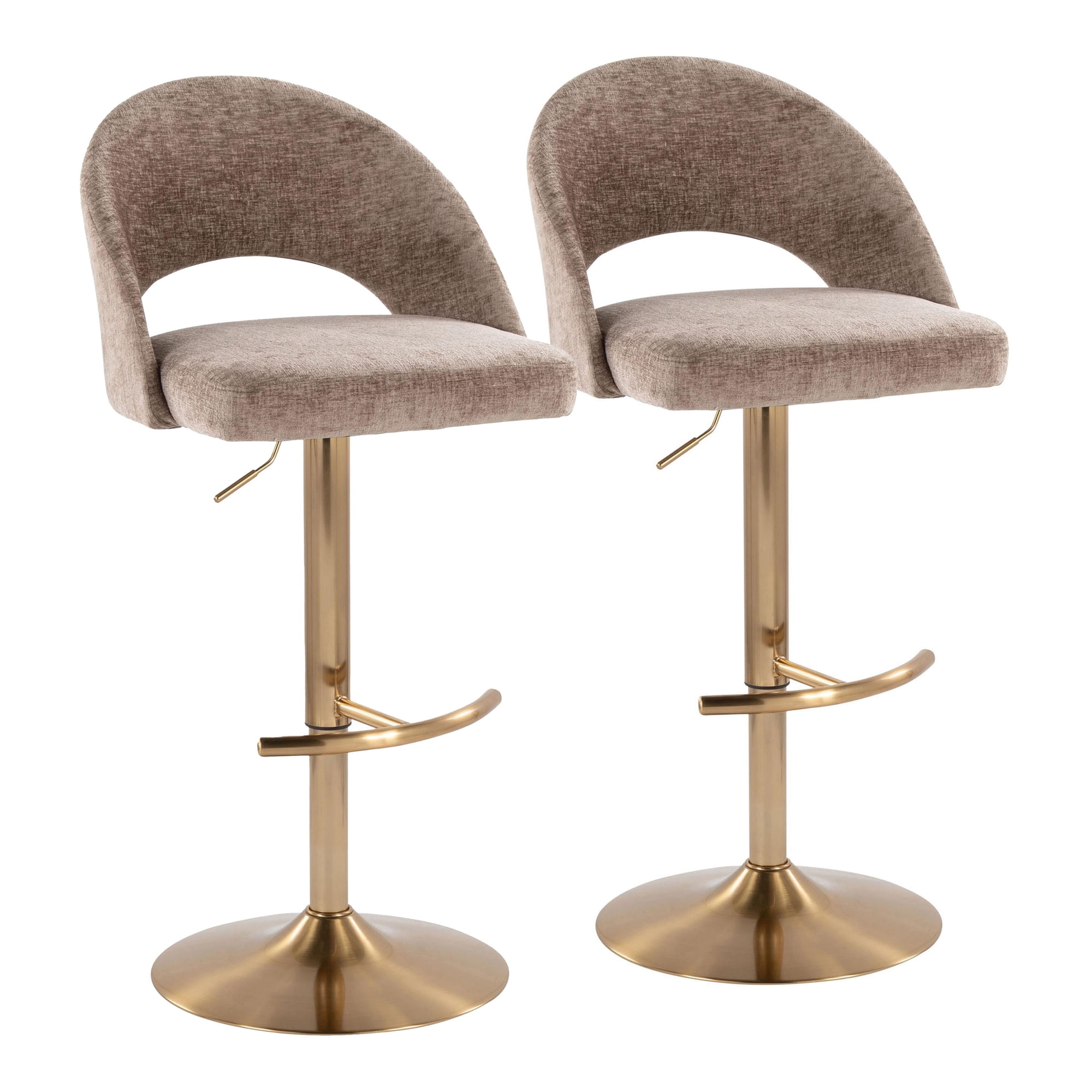 Barstool with Swivel and Adjustable Height, Brown Fabric Upholstery and Gold Metal Base with Round T Footrest, 25-33.5" Seat Height, Contemporary Glam Dining Seating, Set of 2