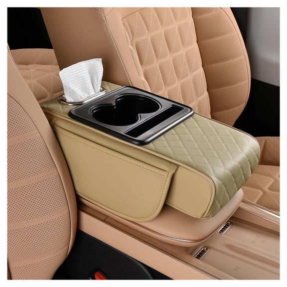 GUANGHUI Car Center Console Cover, Leather Armrest Cover for Car, Universal Middle Console Cushion with Storage Box, Cup Holder, Tissue Box & Phone Slot, Luxury Waterproof Interior Accessories, Black