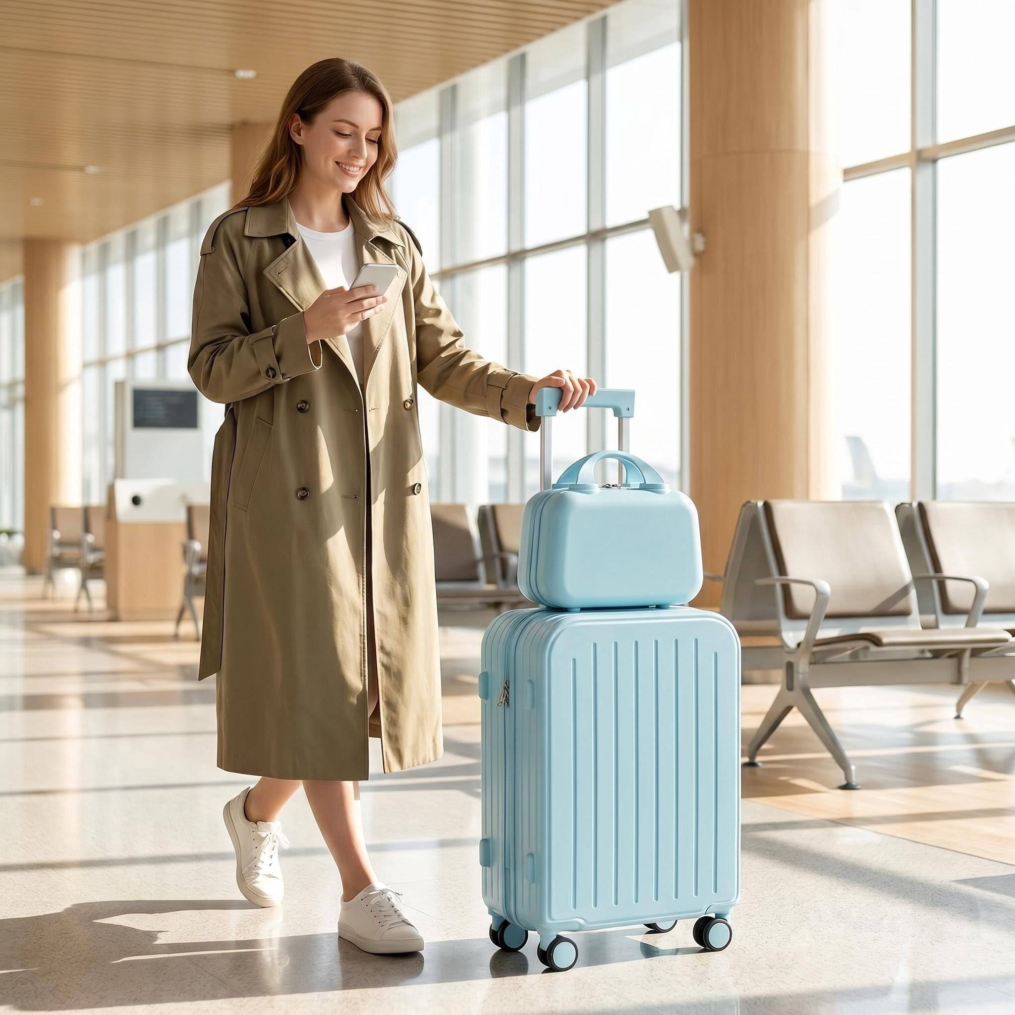 HEMXSZH 20 Inch ABS+PC Hardside Luggage Set with Handbag, USB Port & Cup Holder Suitcase, Blue