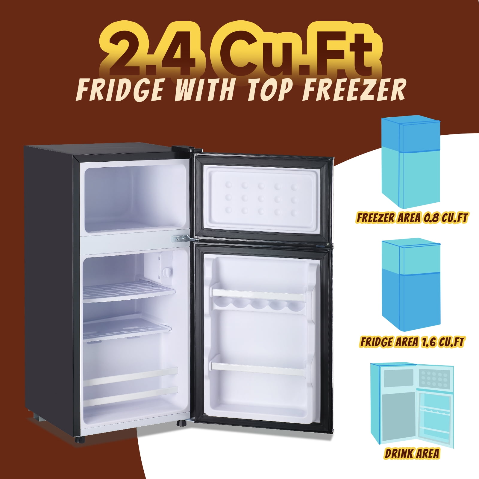 TACOOL 2.2Cu.Ft Small Refrigerator with Freezer, Mini Fridge with Top Freezer for Apartment, Bedroom, Double Door, Dark Grey