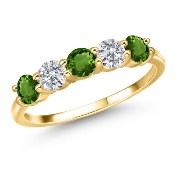 Gem Stone King 18K Yellow Gold Plated Silver Green Tourmaline and E - F Lab Grown Diamond Wedding-Bands Ring for Women | 1.29 Cttw | Round 4MM | Gemstone October Birthstone | Size 5