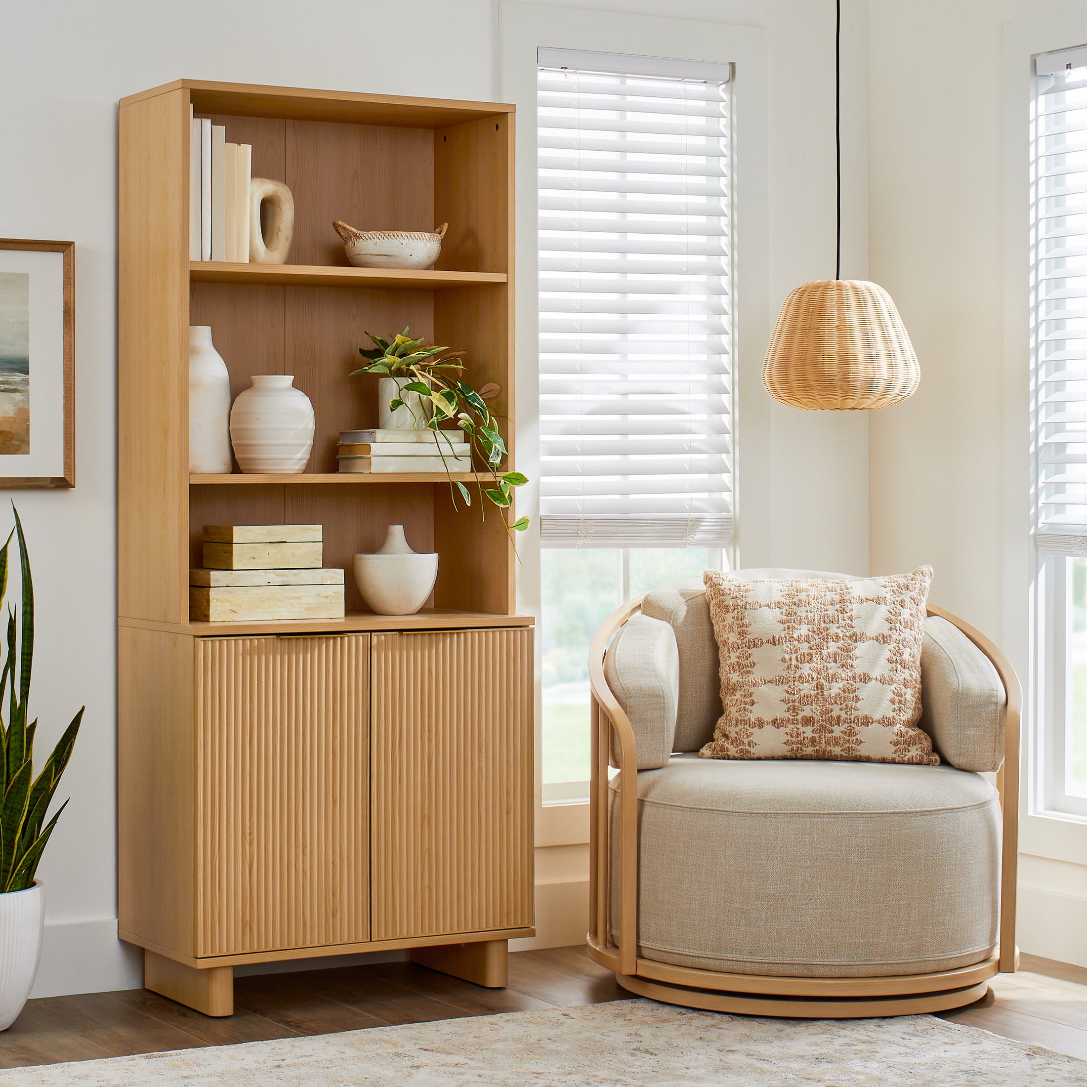 Better Homes & Gardens Lillian Fluted Bookcase with Doors, Natural Pine Finish