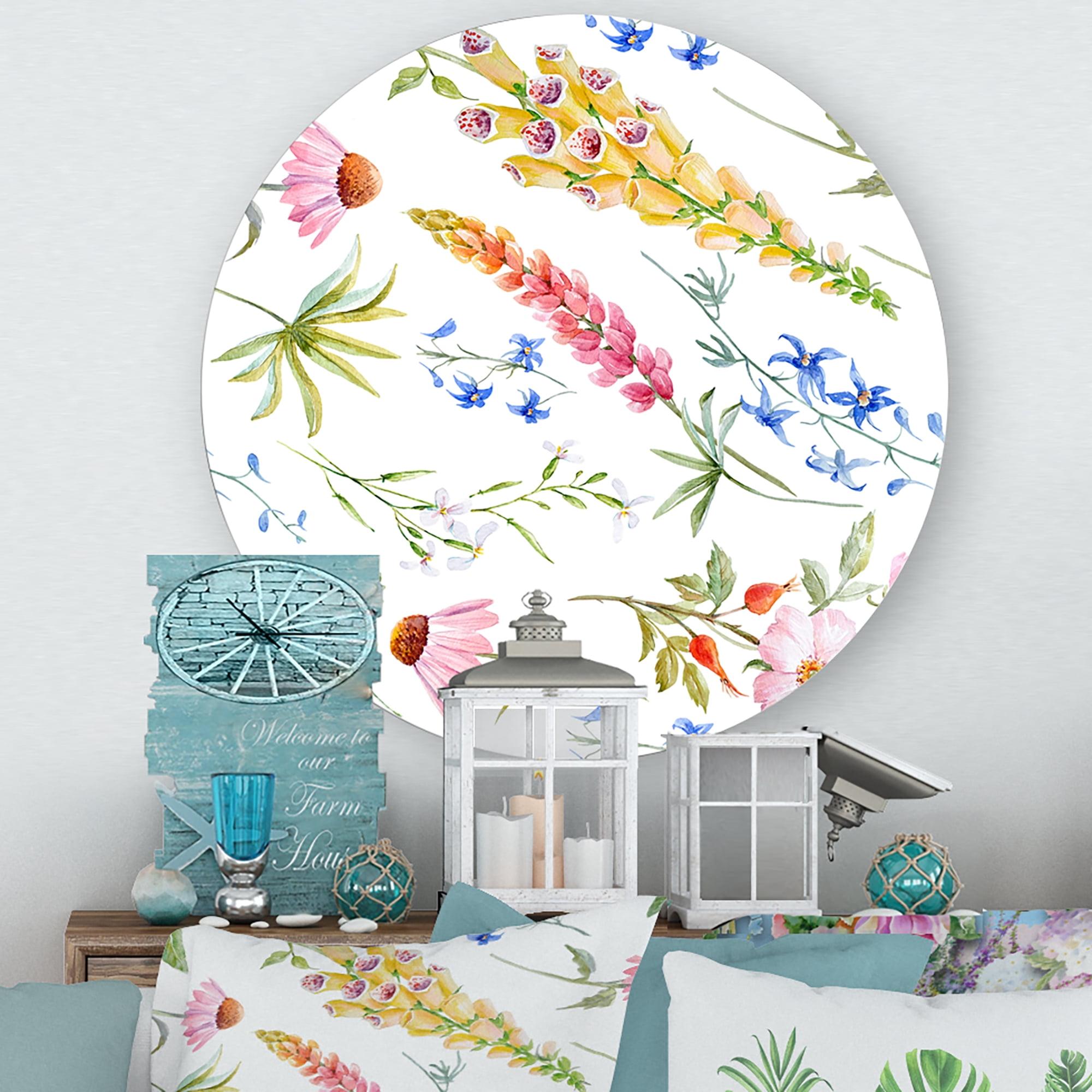 Designart 'Vibrant Summer Wildflowers On White I' Traditional Circle Metal Wall Art 11x11 - Disc of 11