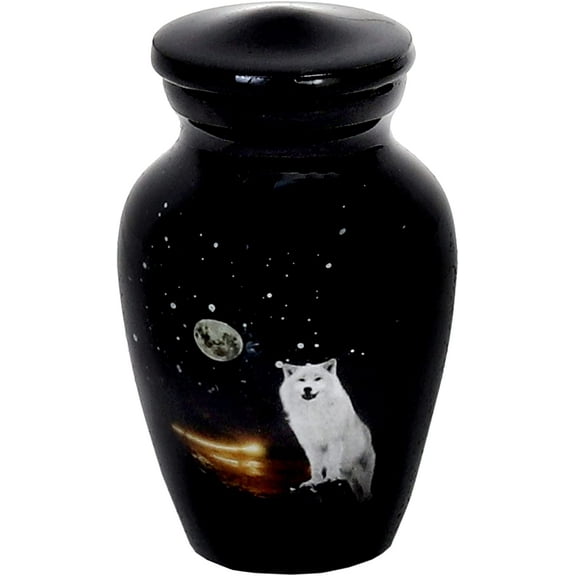 RUZIOON White Wolf Night Full Moon Small Keepsake Qnty 1 - Keepsake Urn for Human Ashes with 1 Velvet Box Bag-Mini Keepsake Urn - Affordable Keepsake Urn (3.5" cu.in)