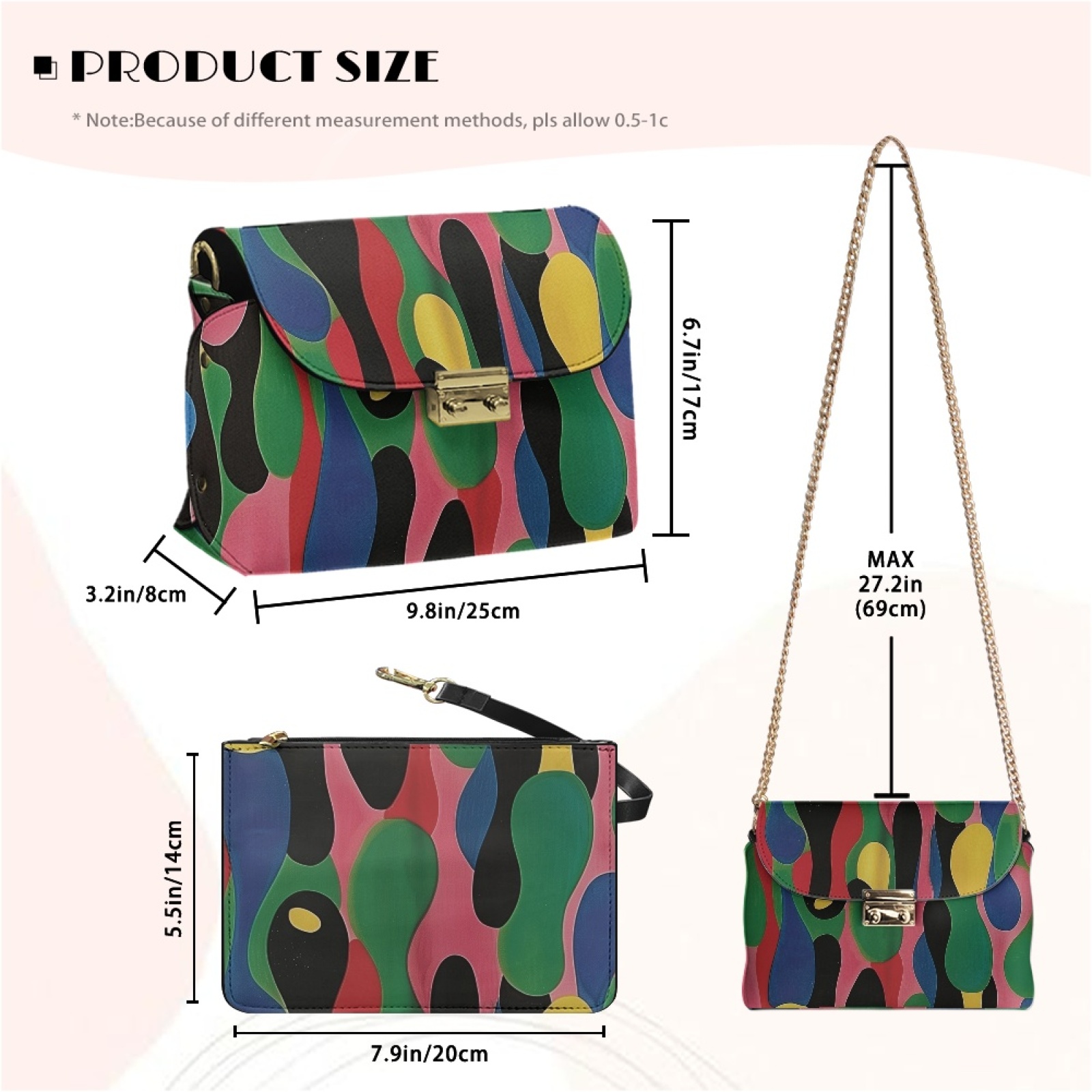 SCRAWLGOD Abstract Geometry Print Green Black Pink Crossbody Bags for Women Crossbody Purse PU Leather Handbags Shoulder Bag Cell Phone Purse with Chain Strap