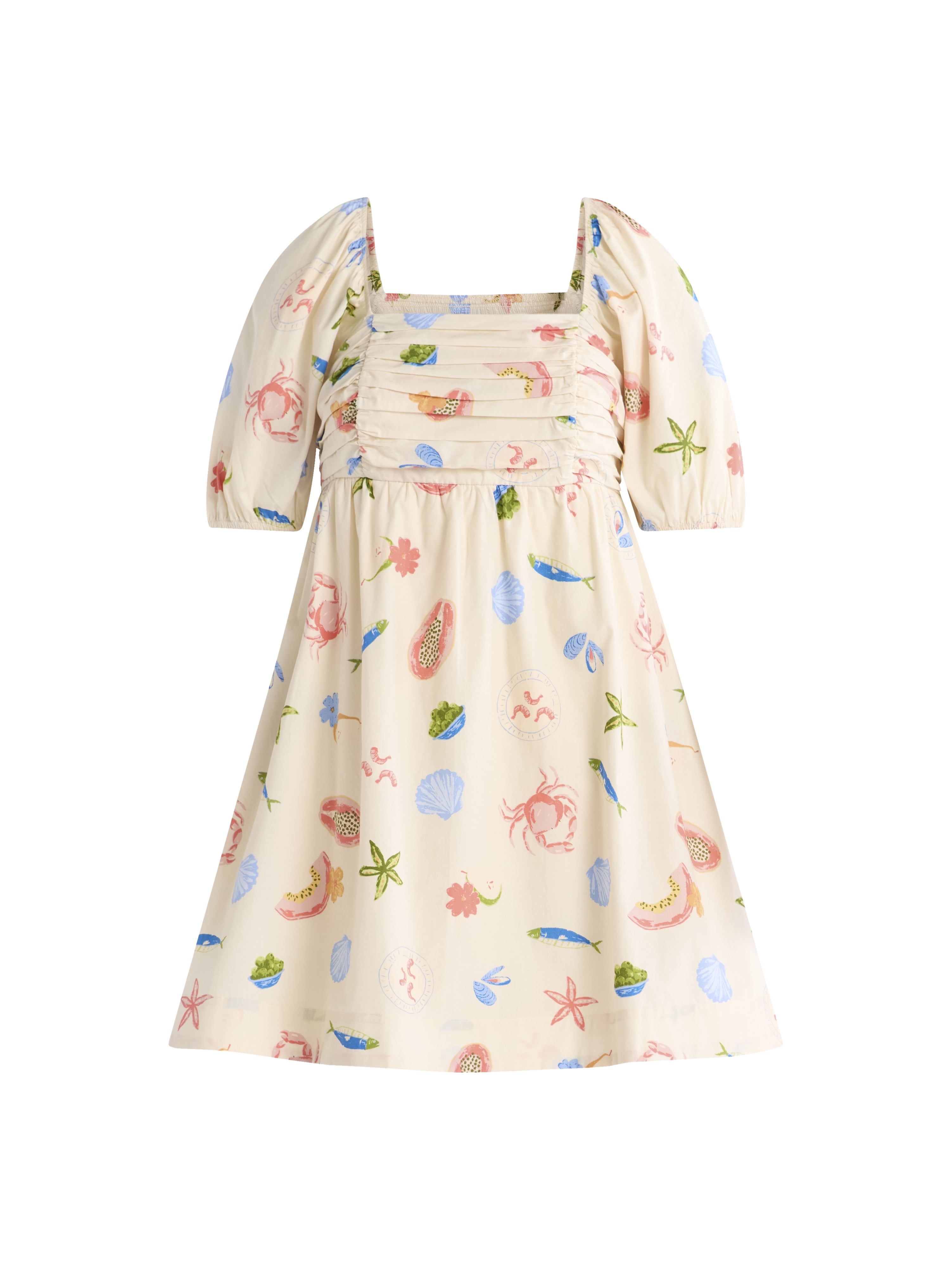 Free Assembly Women's Shirred Cotton Mini Dress with Puff Sleeves, Sizes XS-XXXL