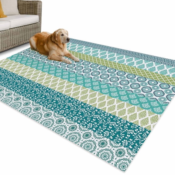 Outdoor Rug 5x8 ft Teal Blue Boho Waterproof Outdoor Patio Rug Mat Non Slip Outside Area Rugs Carpet for RV,Camping,Porch,Deck,Pool,Balconybackyard,Bohemian Geometric Pattern