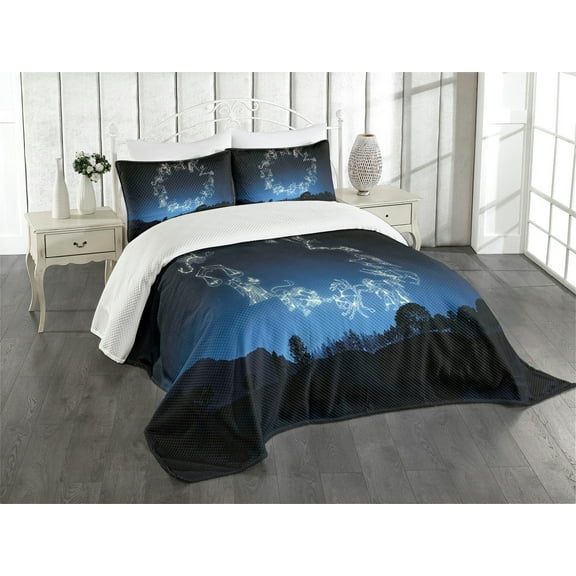 Ambesonne Astrology Quilted Bedspread Set 3 Pcs, Sketchy Zodiacal Sign, King Size, Dark Blue and White