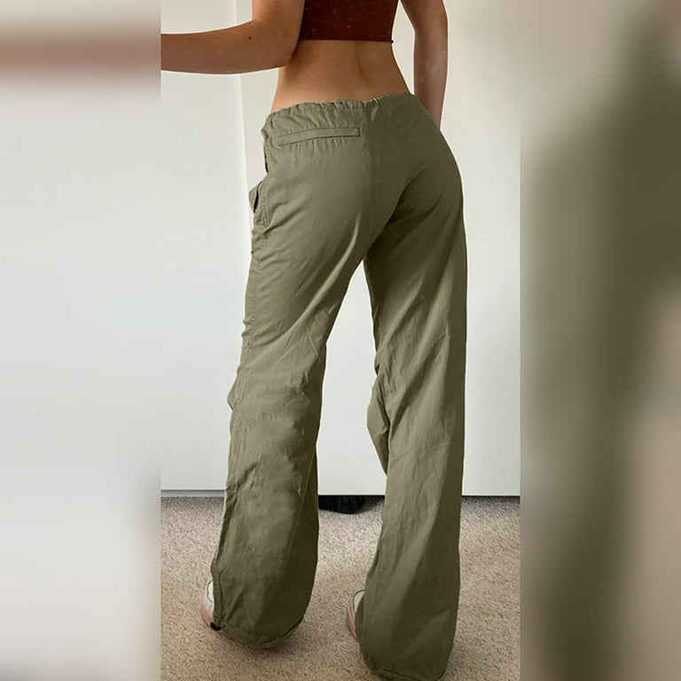 HAXMNOU Women High Waist Baggy Cargo Pants Cargo Jeans Jogger Pocket Loose  Fit Straight Wide Leg Trouser Green M 