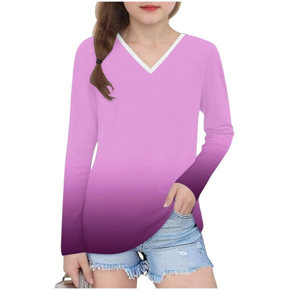 Efsteb Girls Long Sleeve Shirts Basic Tunic Tops Comfy Long Sleeve V-Neck Gradient Print Casual Soft Lightweight Shirt for Parties(Pink,13 Years)
