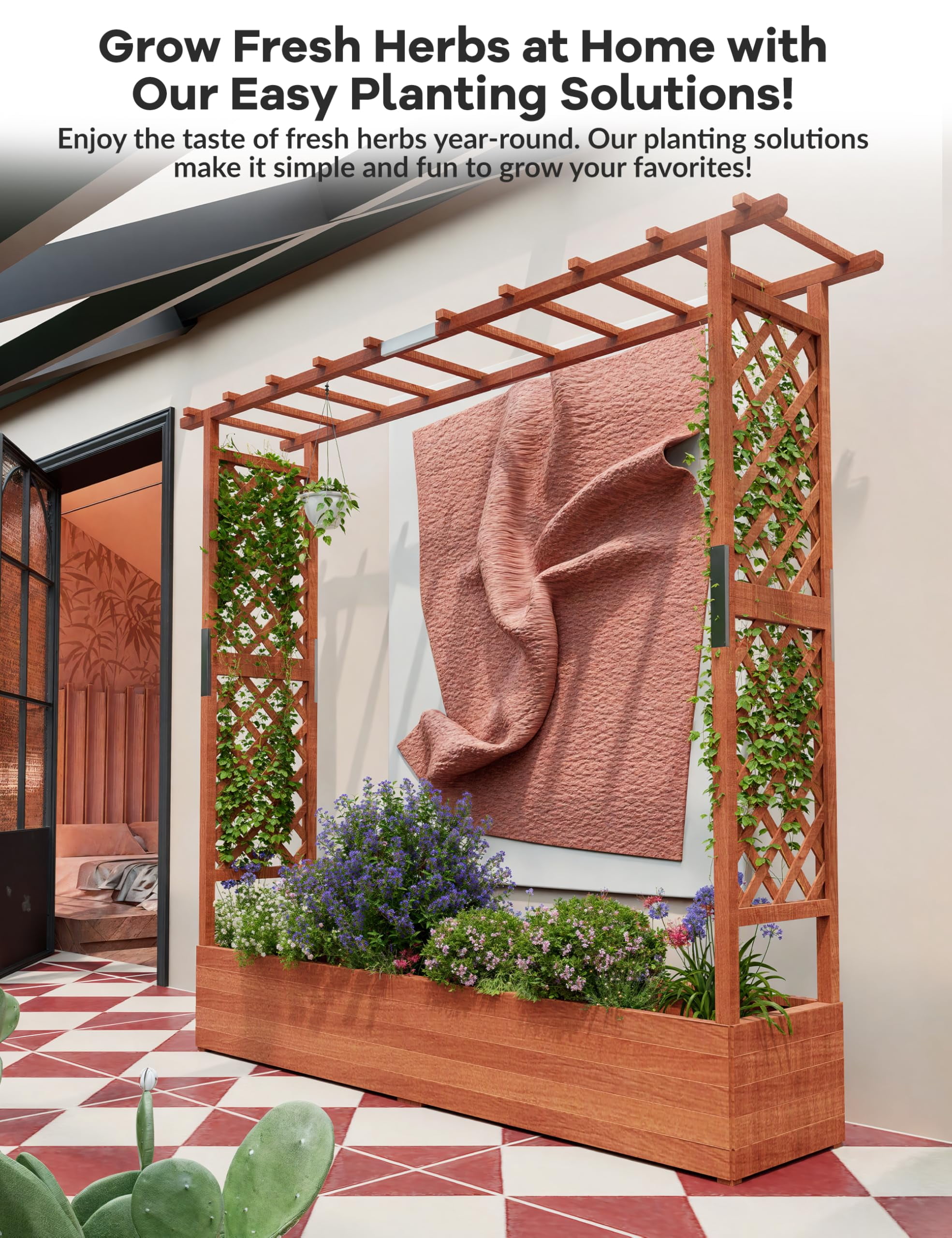 Goldensoil 77"x17"x72" Raised Garden Bed with Trellis, Wooden Elevated Planter Box with Hanging Roof