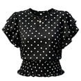 thumbnail image 2 of ClodeEU Women's Polka Dot Round Neck Ruffle Short Sleeve Peplum Crop Blouse,Casual Summer Flowy Waist Shirred Top Black,Women's Plus L, 2 of 4