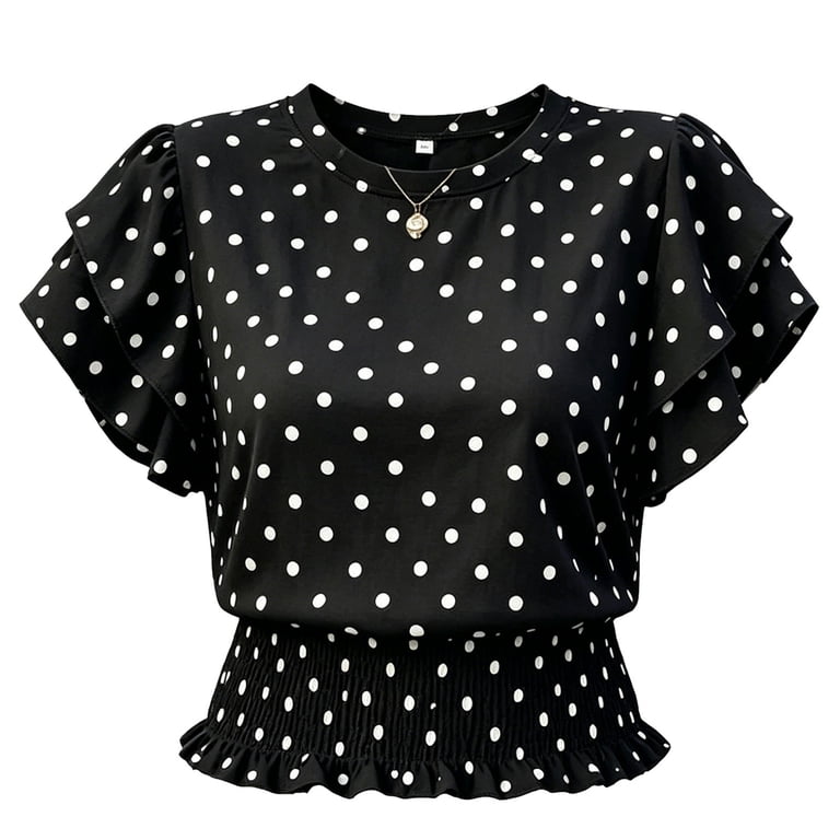 yillto Women Ruffle Short Sleeve Top Polka Dots Elegant Dressy