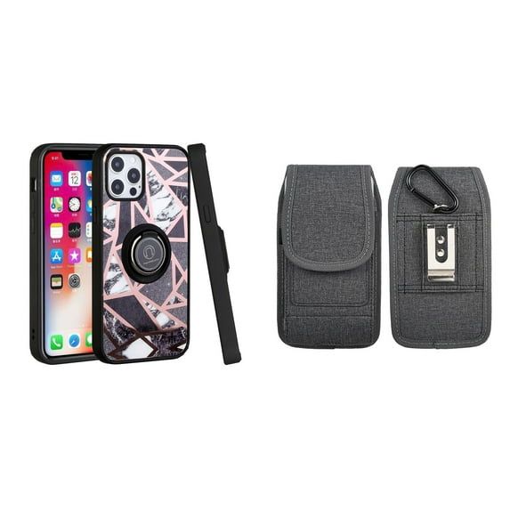 Bemz Ring Series Case for iPhone 14 Plus (TPU Silicone Cover with Magnetic Stand) and Vertical Nylon Fabric Belt Holster Pouch (Black White Marble/Grey)