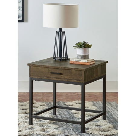 Stylish Brown Oak And Metal End Table With Convenient Drawer Space Modern Frame Practical