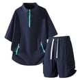 thumbnail image 5 of Men Bubble Textured 2 Piece Outfit Set, Quarter Zip Stand Collar Short Sleeve Jacket and Drawstring Elastic Waist Cargo Pocket Shorts Summer Tracksuit Size 4XL Navy, 5 of 5